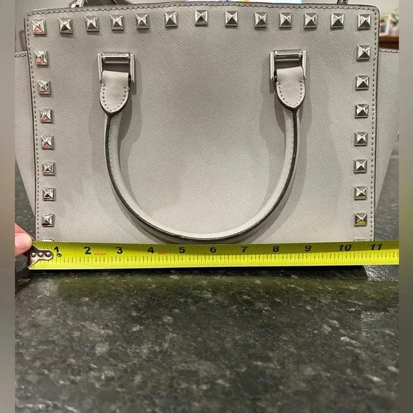 Michael Kors Selma Stud Satchel Bag Purse Grey Cement Saffiano Leather - Picture 13 of 14